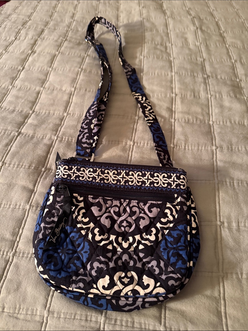 Vera Bradley Blue and White Quilted Crossbody with Damask Motif